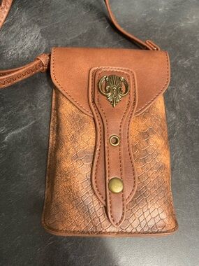 Brown Textured Leather Crossbody Phone Pouch